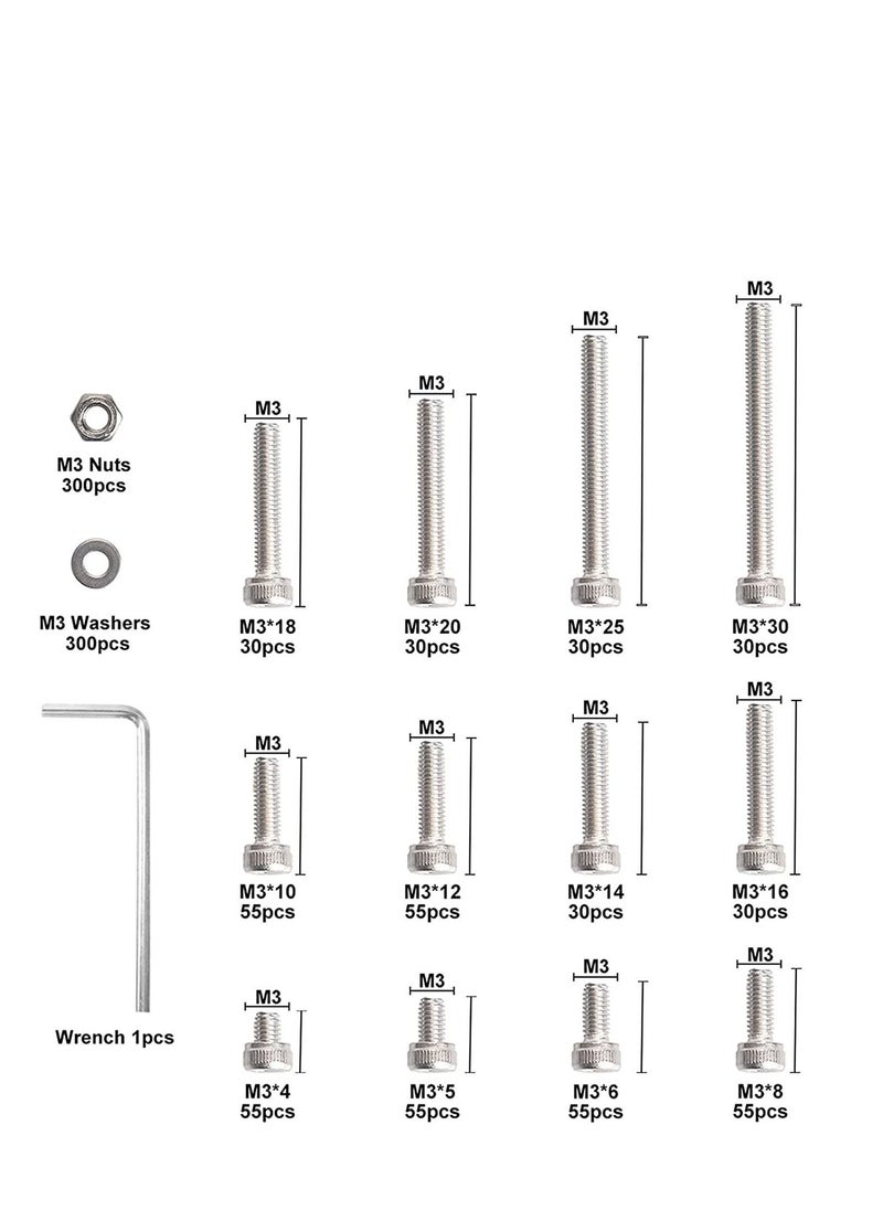 Excefore - 1110pcs M3 Stainless Steel Screws Bolts Nuts Lock and Flat Gasket Washers Assortment Kit, Precise Metric Set, with 1Piece Hex Keys for Free, included Tool Box - Image 1