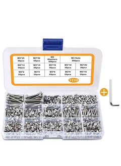 1110pcs M3 Stainless Steel Screws Bolts Nuts Lock and Flat Gasket Washers Assortment Kit, Precise Metric Set, with 1Piece Hex Keys for Free, included Tool Box