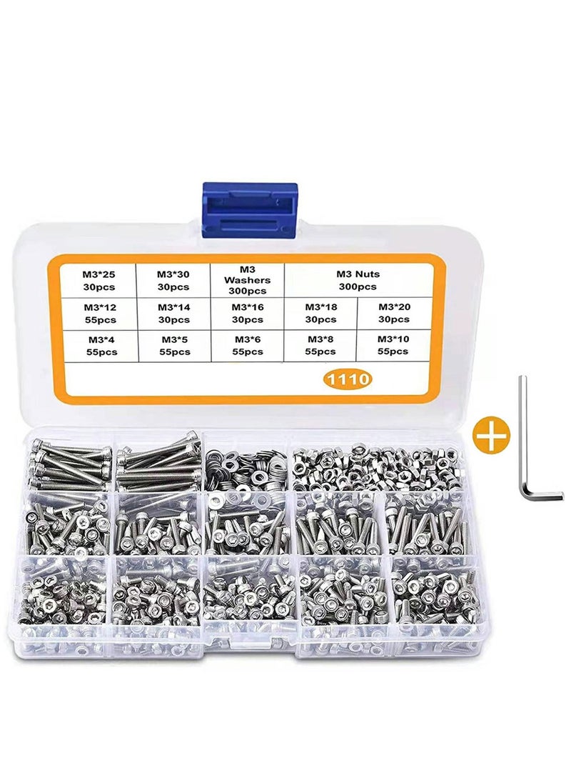 Excefore - 1110pcs M3 Stainless Steel Screws Bolts Nuts Lock and Flat Gasket Washers Assortment Kit, Precise Metric Set, with 1Piece Hex Keys for Free, included Tool Box - Image 1