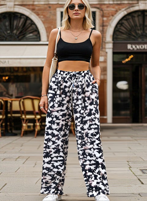 Black Elastic Waist Wide Leg/Wide Leg Batik Patterned Woven Trousers