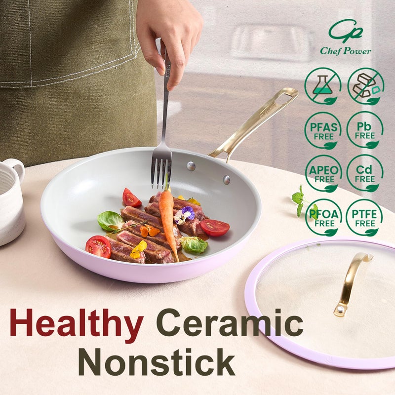 Chef Power Ceramic Cookware Sets, 10Pcs Pots and Pans Set Non Stick, Cookware Set with Stainless Steel Handle, Dishwasher & Oven Safe, Light Purple and Granite Grey - Image 3