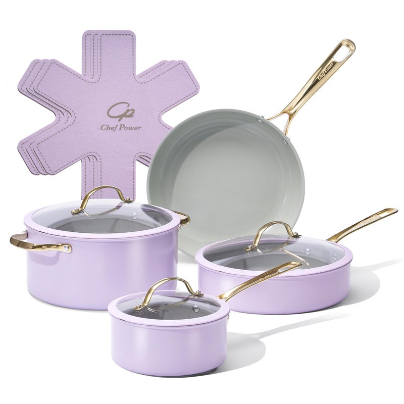 Chef Power Ceramic Cookware Sets, 10Pcs Pots and Pans Set Non Stick, Cookware Set with Stainless Steel Handle, Dishwasher & Oven Safe, Light Purple and Granite Grey - Image 1