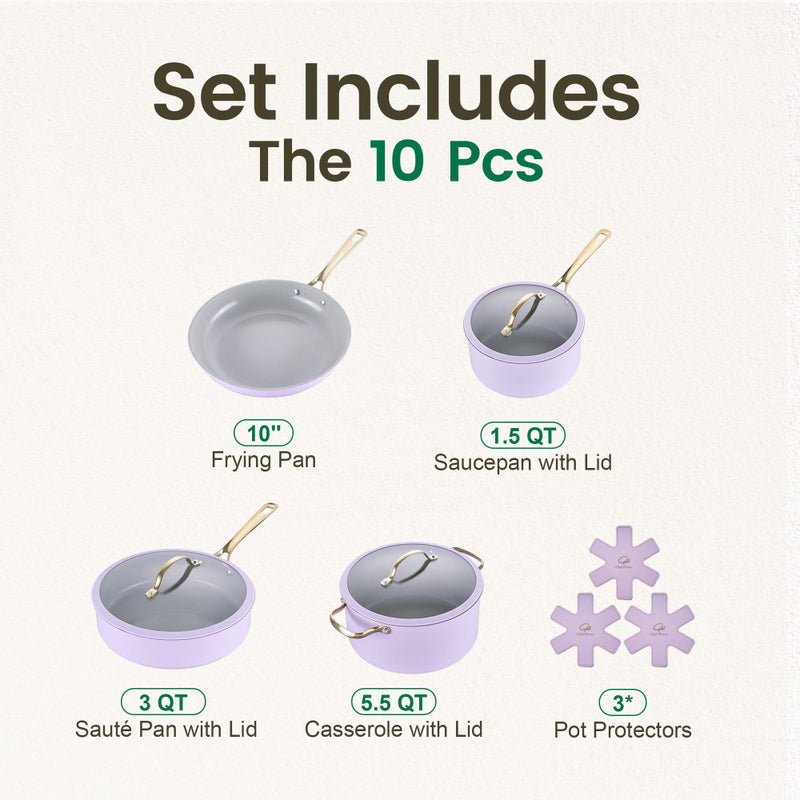 Chef Power Ceramic Cookware Sets, 10Pcs Pots and Pans Set Non Stick, Cookware Set with Stainless Steel Handle, Dishwasher & Oven Safe, Light Purple and Granite Grey - Image 2