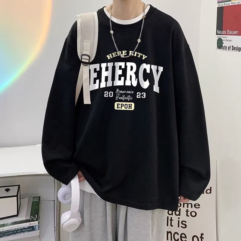 Long-Sleeved T-Shirt For Men 2023 Autum American Retro Trendy Brand Youth Versatile Loose Casual Pullover Top Clothes - Image 1