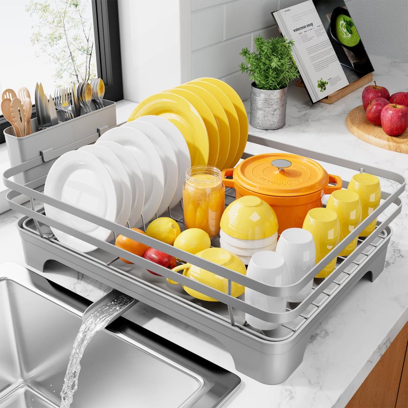 Kitsure Dish Drying Rack MultiFunctional Dish Rack for Kitchen Counter with Cutlery Holder RustProof Storage Solution with Rotatable 157 x 120 x 55 Grey - Image 2