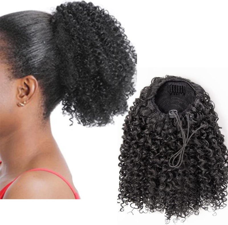 Afro Kinky Curly Ponytail Extension Drawstring Ponytail Black Women Ponytail Hair Extensions Human Hair Clip in Top Closure 1B Natural Black 10 Inch