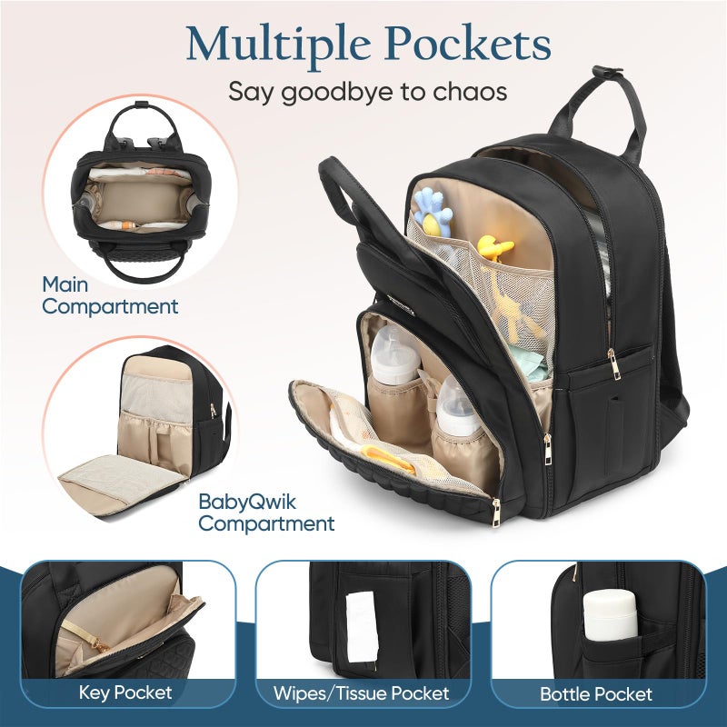 Qualyphant Diaper Bag Backpack - Extra Large Diaper Bag for 2 Kids Twins (Expandable 30-38L) - Travel Baby Backpack with Changing Pad for Mom Dad (Quilted, Water Resistant, Black) - Image 5