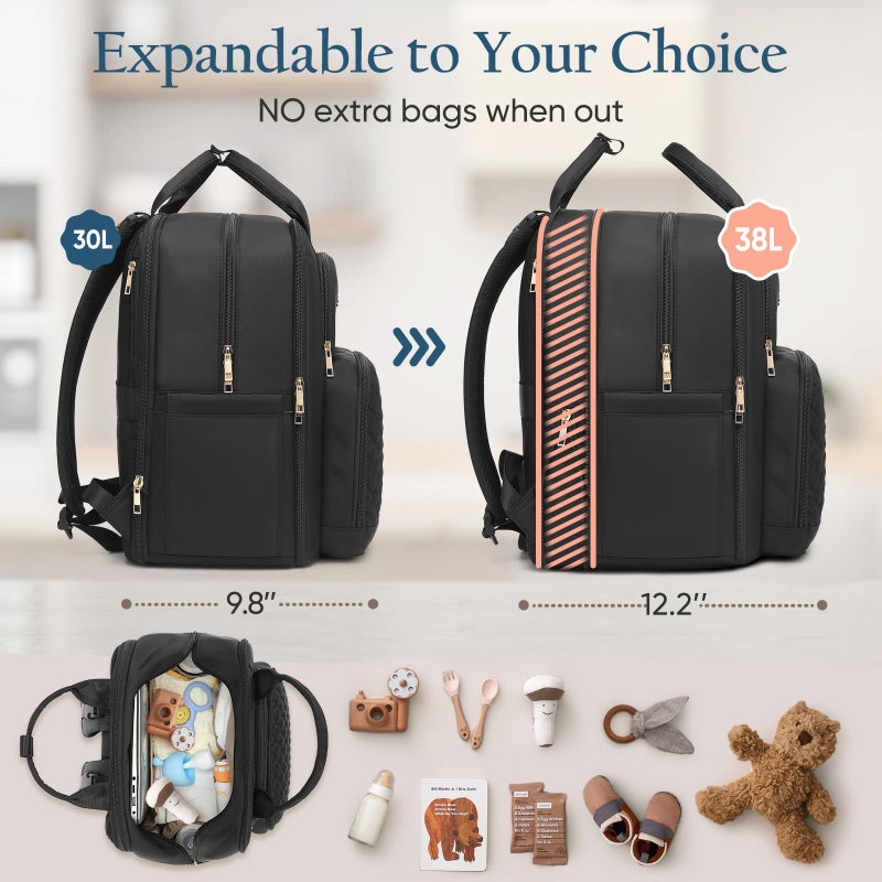 Qualyphant Diaper Bag Backpack - Extra Large Diaper Bag for 2 Kids Twins (Expandable 30-38L) - Travel Baby Backpack with Changing Pad for Mom Dad (Quilted, Water Resistant, Black) - Image 3