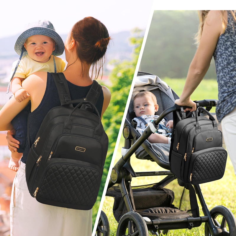 Qualyphant Diaper Bag Backpack - Extra Large Diaper Bag for 2 Kids Twins (Expandable 30-38L) - Travel Baby Backpack with Changing Pad for Mom Dad (Quilted, Water Resistant, Black) - Image 2