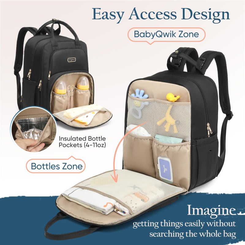 Qualyphant Diaper Bag Backpack - Extra Large Diaper Bag for 2 Kids Twins (Expandable 30-38L) - Travel Baby Backpack with Changing Pad for Mom Dad (Quilted, Water Resistant, Black) - Image 4