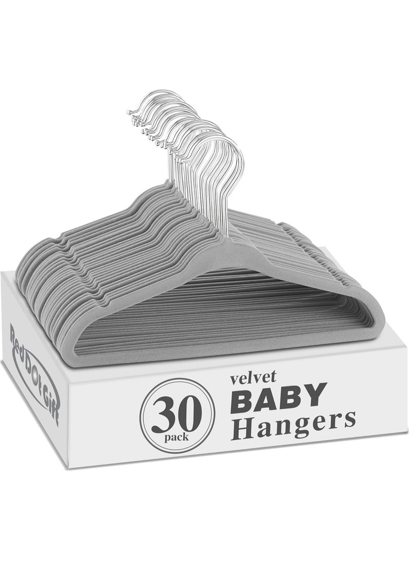 Red Dot Gift 30 Piece Grey Baby Velvet Coat Hanger (28cm / 11 Inch) Nursery Clothes Hangers Non-Slip Toddler Hangers, 360 Chrome Swivel Hook  - Image 1