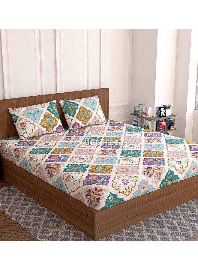 DECOREZA Queen Size Elastic Fitted Bedsheet with Deep Pocket Cotton Feel Bed Sheet for Double Bed, Soft, Breathable & Wrinkle-Resistant, Includes 2 Pillow Covers, Size - 60"x78" Cascade - Image 1