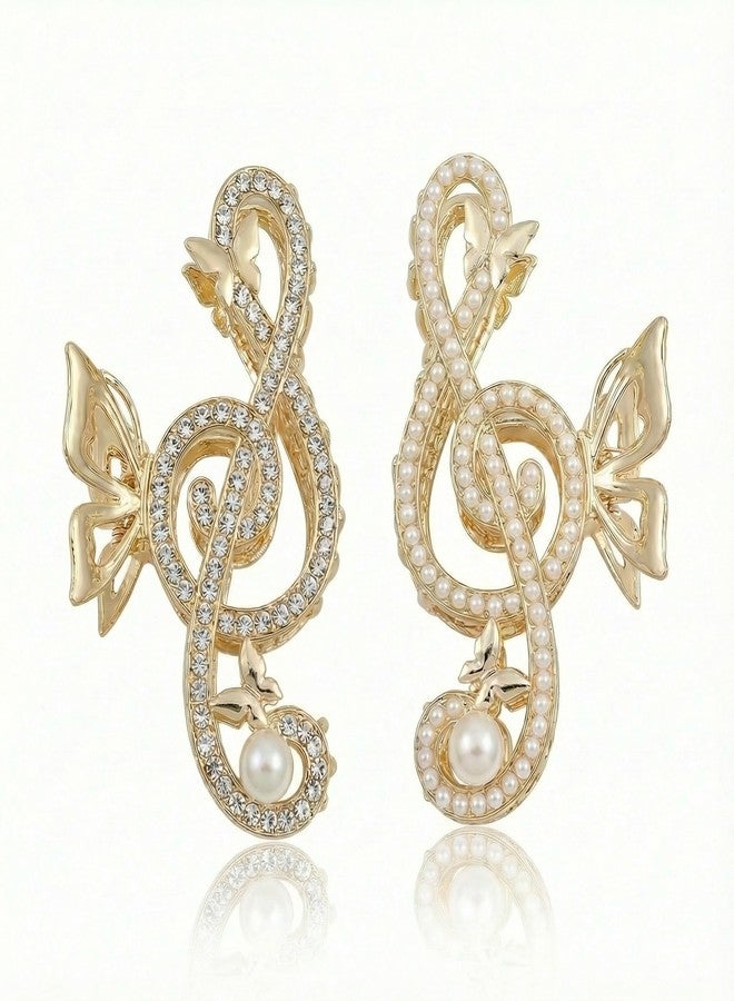 KGCGJVB 2Pcs Treble Clef Hair Clip Elegant Gold Claw Clips for Women Metal Pearl Decorative Rhinestone Music Note Sparkly Large Hair Clips - Image 1