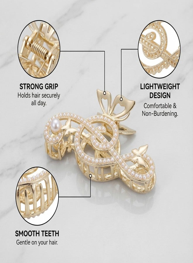 KGCGJVB 2Pcs Treble Clef Hair Clip Elegant Gold Claw Clips for Women Metal Pearl Decorative Rhinestone Music Note Sparkly Large Hair Clips - Image 2