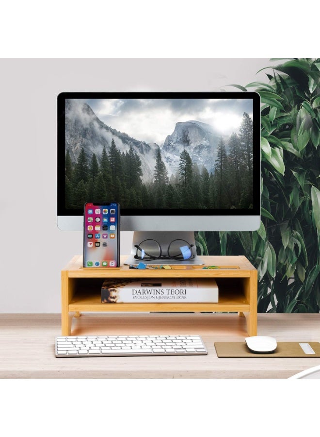 كادي ون حامل شاشة خشبي متعدد الاستخدامات من الخيزران من طبقتين سطح علوي يحتوي على فتحات مخصّصة لترتيب الأدوات والأجهزة و رف سفلي لتخزين الكتب والدفاتر و الاكسسوارات، منصة تنظيم مكتبية - Image 2