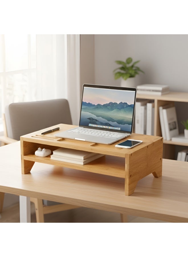 كادي ون حامل شاشة خشبي متعدد الاستخدامات من الخيزران من طبقتين سطح علوي يحتوي على فتحات مخصّصة لترتيب الأدوات والأجهزة و رف سفلي لتخزين الكتب والدفاتر و الاكسسوارات، منصة تنظيم مكتبية - Image 1