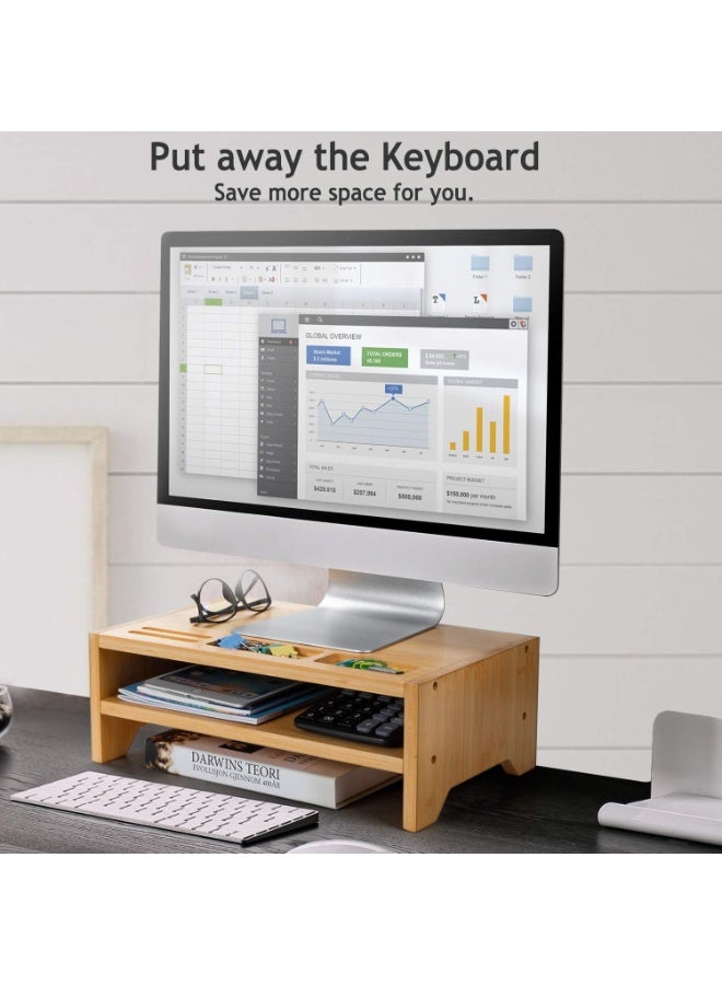 كادي ون حامل شاشة خشبي متعدد الاستخدامات من الخيزران من طبقتين سطح علوي يحتوي على فتحات مخصّصة لترتيب الأدوات والأجهزة و رف سفلي لتخزين الكتب والدفاتر و الاكسسوارات، منصة تنظيم مكتبية - Image 3