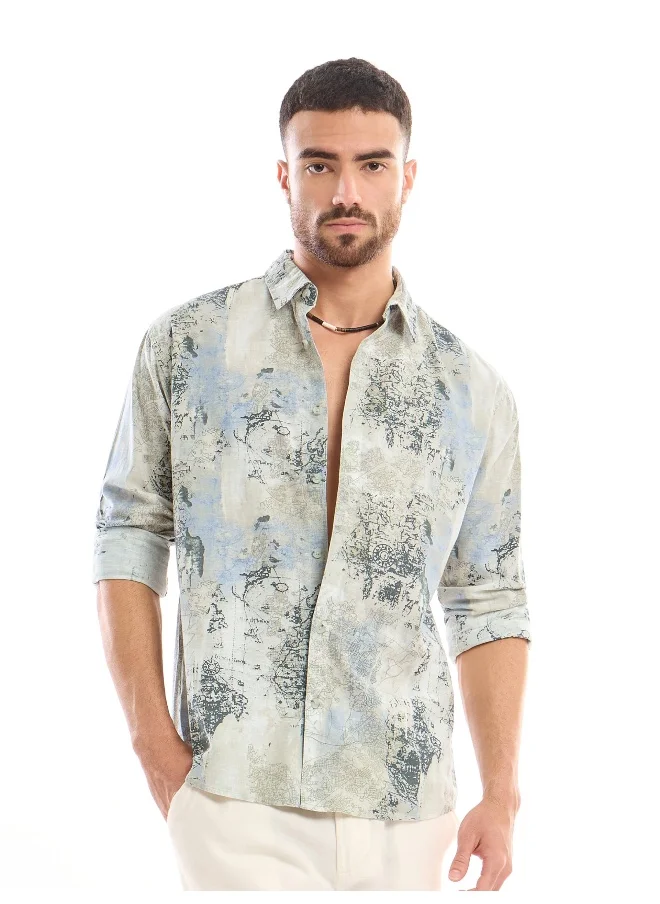 بيونغ White and Blue Printed Cotton Shirt for Men