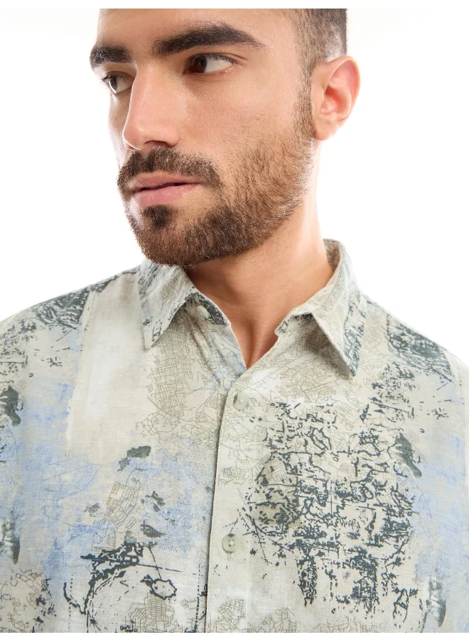 بيونغ White and Blue Printed Cotton Shirt for Men