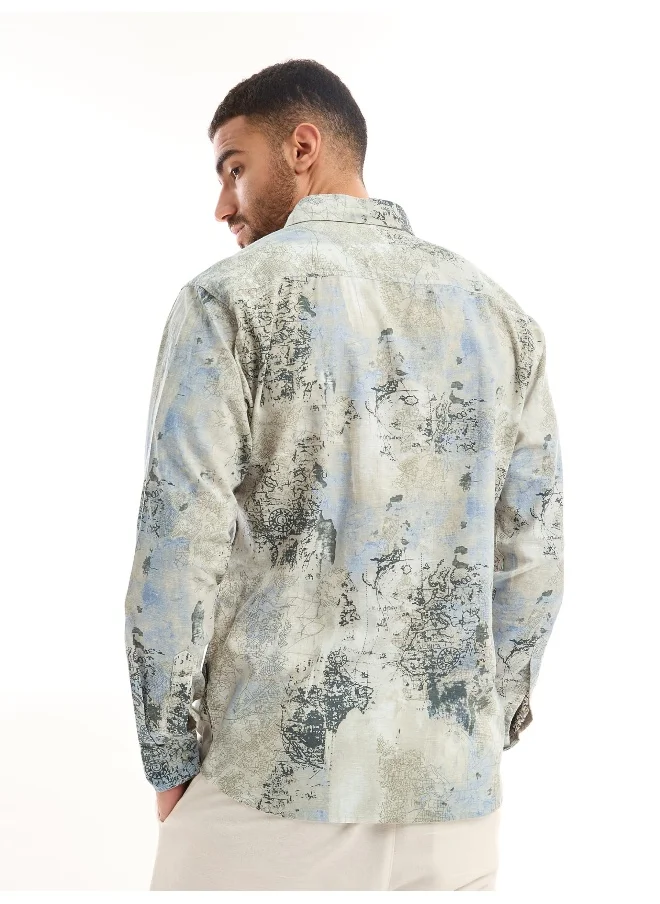 Beyoung White and Blue Printed Cotton Shirt for Men