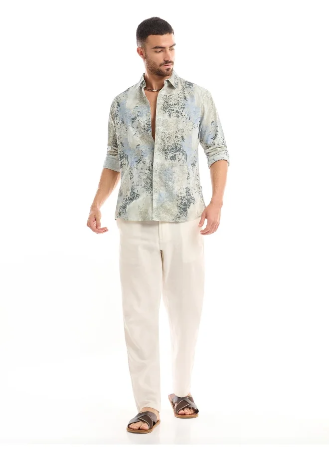 Beyoung White and Blue Printed Cotton Shirt for Men
