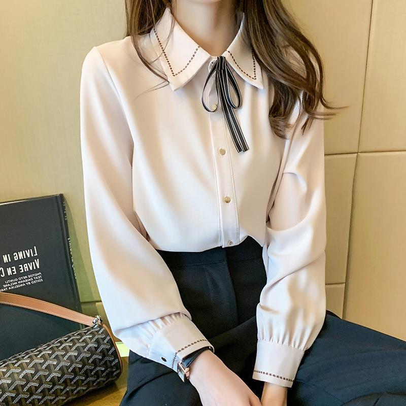 Chiffon Shirt Womens Long Sleeve Bow Tie Blouse Spring Fall Unique apricot good quality]