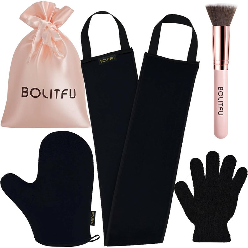 BOLITFU 4 Pack Self Tanning Mitt Applicator Kit with Self Tanner Mitt Self Tan Back Applicator Exfoliating Glove Flat Top Face Tanner Brush Tan mit for Self Sunless Tanner black