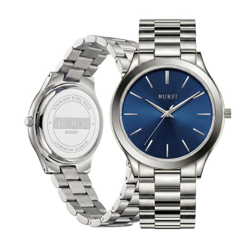 BUREI Mens 44mm Stainless Steel Quartz Watch Ultra Thin Business Casual Analog Wrist Watch 3ATM Waterproof Adjustable Metal Band Watch Gift for Men Dad - Image 2