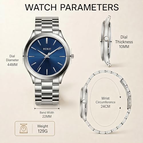 BUREI Mens 44mm Stainless Steel Quartz Watch Ultra Thin Business Casual Analog Wrist Watch 3ATM Waterproof Adjustable Metal Band Watch Gift for Men Dad - Image 3