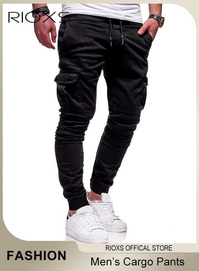 RIOXS Men's Cargo Pants, Baggy Fit Tapered Cargo Pants For Men, Casual Sports Trousers, Drawstring Athletic Pants For Running Jogging Workout, Tactical Pantalones Cargo, Mens Cargo Pants, Multi Pocket Stretch Sweatpants For Daddy Grandfather Boyfriend Husband - Image 1
