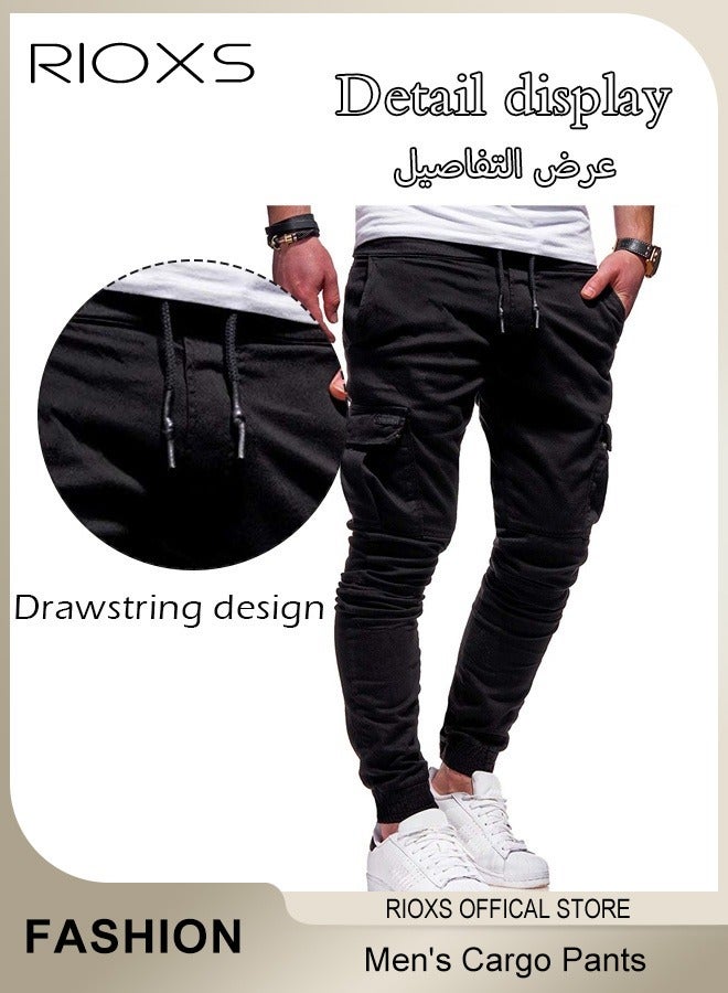 RIOXS Men's Cargo Pants, Baggy Fit Tapered Cargo Pants For Men, Casual Sports Trousers, Drawstring Athletic Pants For Running Jogging Workout, Tactical Pantalones Cargo, Mens Cargo Pants, Multi Pocket Stretch Sweatpants For Daddy Grandfather Boyfriend Husband - Image 2