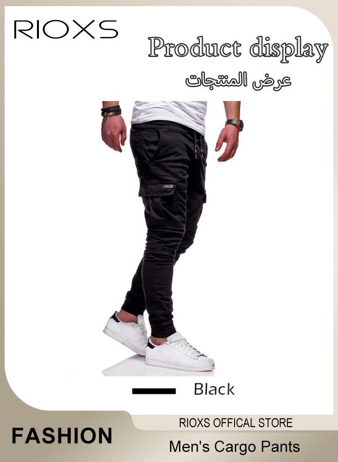 RIOXS Men's Cargo Pants, Baggy Fit Tapered Cargo Pants For Men, Casual Sports Trousers, Drawstring Athletic Pants For Running Jogging Workout, Tactical Pantalones Cargo, Mens Cargo Pants, Multi Pocket Stretch Sweatpants For Daddy Grandfather Boyfriend Husband - Image 3