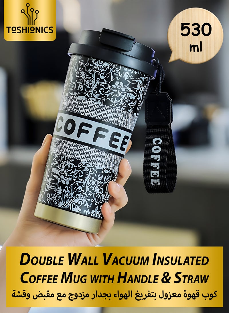 توشيونيكس كوب قهوة من الفولاذ المقاوم للصدأ سعة ٥٣٠ مل | كوب سفر معزول بتفريغ الهواء بجدار مزدوج مع غطاء وماصة | قارورة مشروبات ساخنة وباردة للمنزل، المكتب، المدرسة، الصالة الرياضية، الرياضة، السفر، التخييم | كوب قهوة مقاوم للتسرب، خالٍ من مادة BPA، قابل لإعادة الاستخدام مع حزام حمل - Image 1