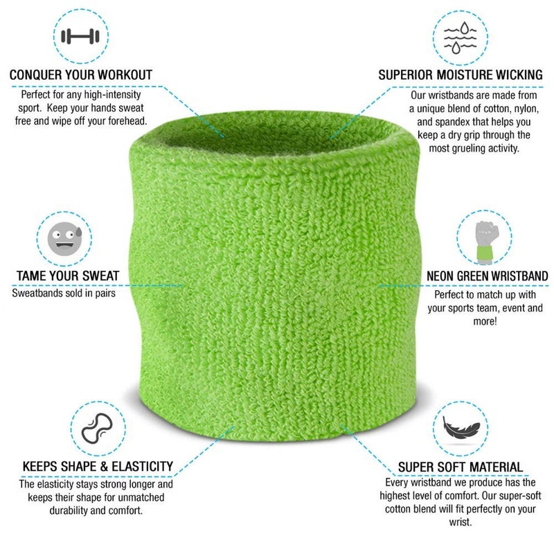 Suddora Wrist Sweatbands, Absorbent and Breathable Thick Cotton Bands for Working Out, Gymnastics, Basketball, Tennis, and Football, Multiuse Wristbands for Costumes and Cosplay (Pair) (Neon Green) - Image 2