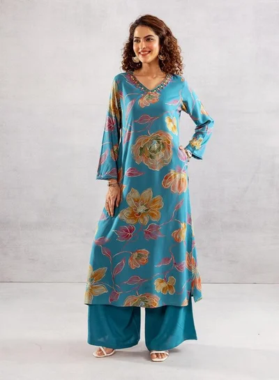 ISHIN Women's Sky Blue Rayon Printed Tunic Upper Calf Length Palazzo Bottom Straight Fit 2 Peice Kurta Set