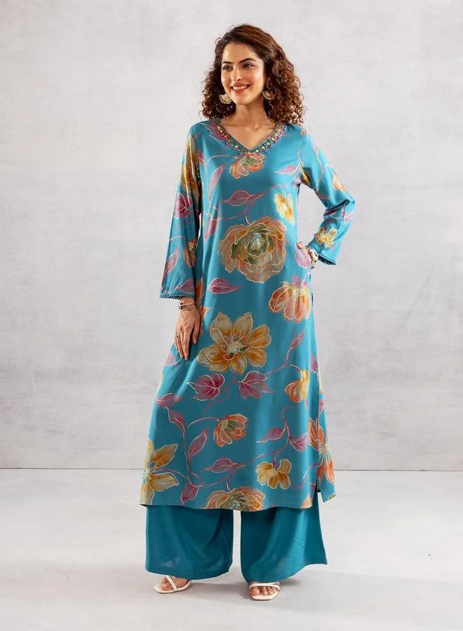 آي شين Women's Sky Blue Rayon Printed Tunic Upper Calf Length Palazzo Bottom Straight Fit 2 Peice Kurta Set