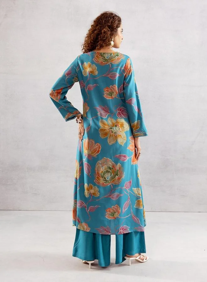 آي شين Women's Sky Blue Rayon Printed Tunic Upper Calf Length Palazzo Bottom Straight Fit 2 Peice Kurta Set