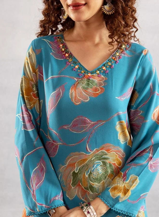 ISHIN Women's Sky Blue Rayon Printed Tunic Upper Calf Length Palazzo Bottom Straight Fit 2 Peice Kurta Set