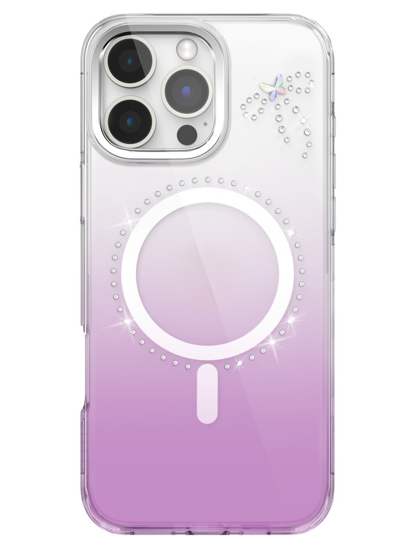 LEVELO iPhone 16 Pro Magsafe Case ButterFly Cover with Swarovski Crystals / Ultra-Thin TPU Back Cover - Transparent / Purple - Image 1