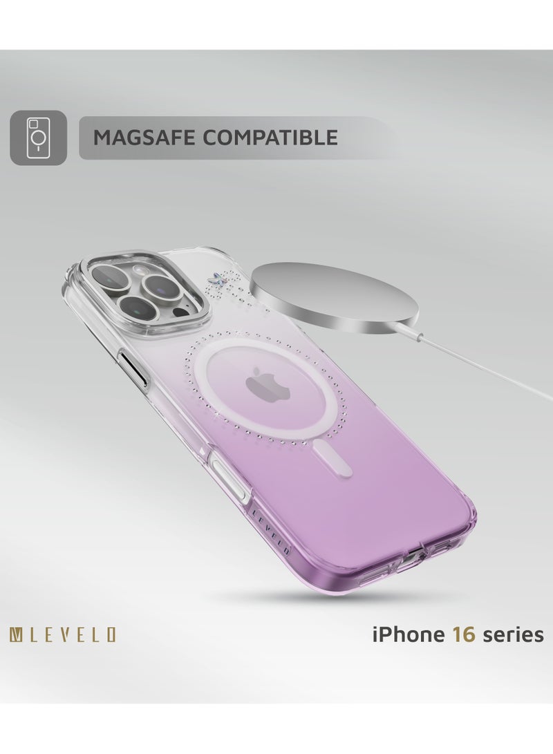 LEVELO iPhone 16 Pro Magsafe Case ButterFly Cover with Swarovski Crystals / Ultra-Thin TPU Back Cover - Transparent / Purple - Image 4