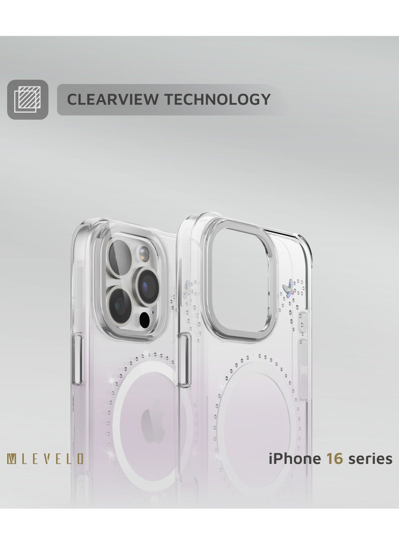 LEVELO iPhone 16 Pro Magsafe Case ButterFly Cover with Swarovski Crystals / Ultra-Thin TPU Back Cover - Transparent / Purple - Image 5