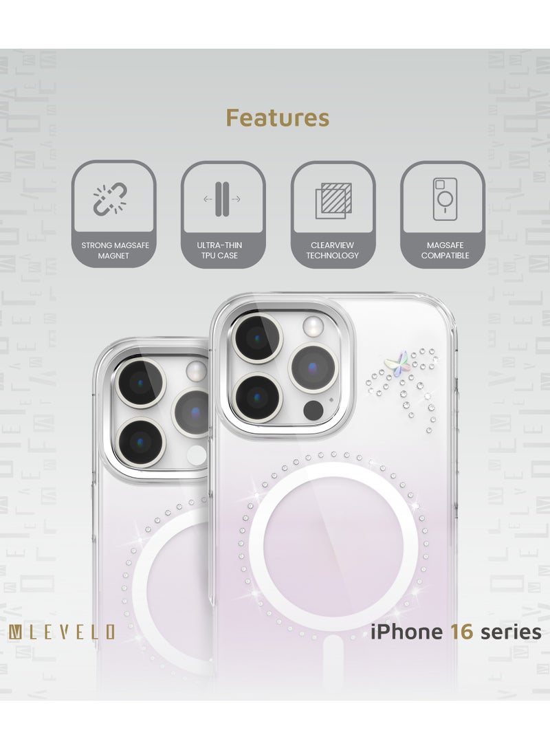 LEVELO iPhone 16 Pro Magsafe Case ButterFly Cover with Swarovski Crystals / Ultra-Thin TPU Back Cover - Transparent / Purple - Image 2