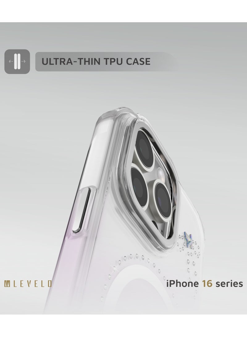 LEVELO iPhone 16 Pro Magsafe Case ButterFly Cover with Swarovski Crystals / Ultra-Thin TPU Back Cover - Transparent / Purple - Image 3