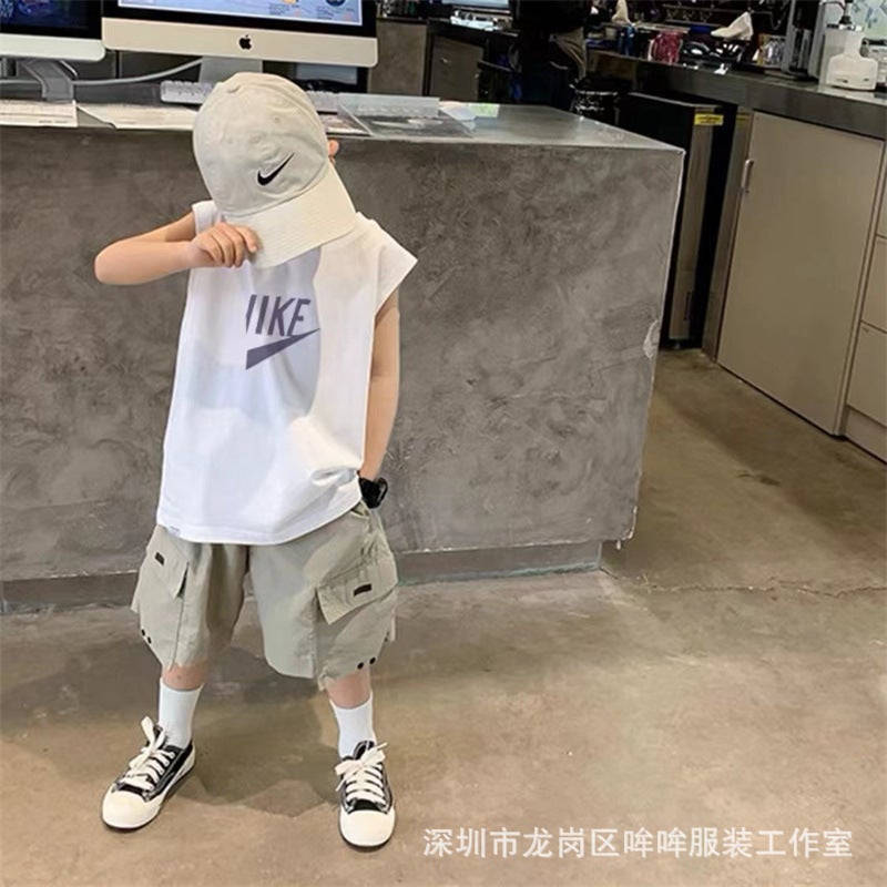 Summer 100% Cotton Boys' Trendy Fried Street Sleeveless Vest Baby Hong Kong Style All-Match Children'S T-Shirt Top - Image 1