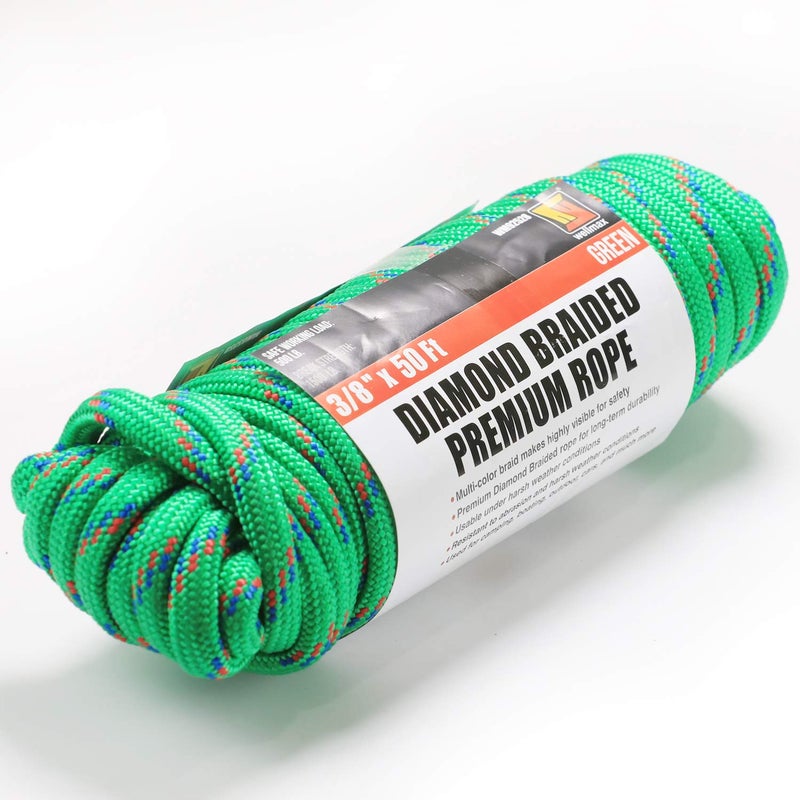 Wellmax Diamond Braid Nylon Rope - 3/8 Inch by 50 Feet Green Color - Extra Strength, Sunlight and Weather Resistant - Heavy Duty Construction - Image 1