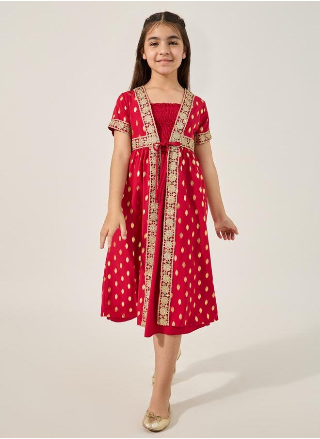 Styli Embroidered Short Sleeve Kimono with Smocked Inner Dress Set  - Image 1