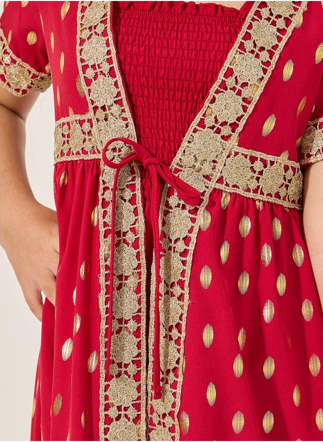 Styli Embroidered Short Sleeve Kimono with Smocked Inner Dress Set  - Image 4