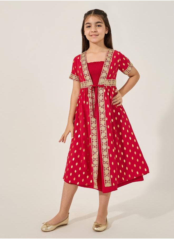 Styli Embroidered Short Sleeve Kimono with Smocked Inner Dress Set  - Image 2