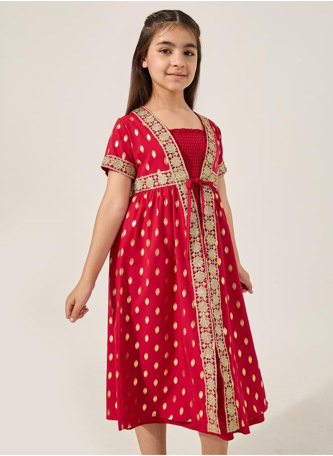 Styli Embroidered Short Sleeve Kimono with Smocked Inner Dress Set  - Image 3