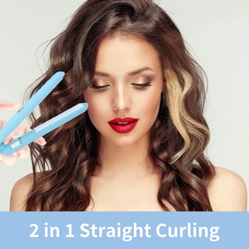 Betued Mini Curling Iron  Mini Dual Purpose Curling Iron  Mini Straightener  2 in 1 Mini Flat Iron for Short Hair Ceramic Flat Iron Tourmaline Plate Curler Beauty Heating Curler Hair Styling Tool (BLUE) - Image 2